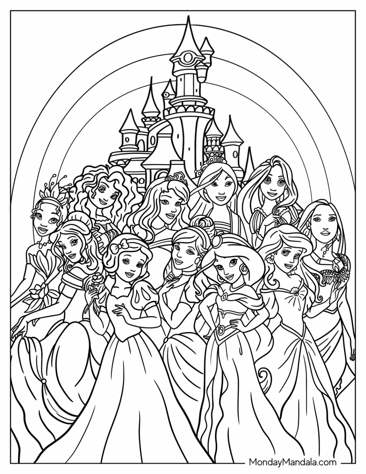 disney princesses in front of walt disney castle jpg jpg